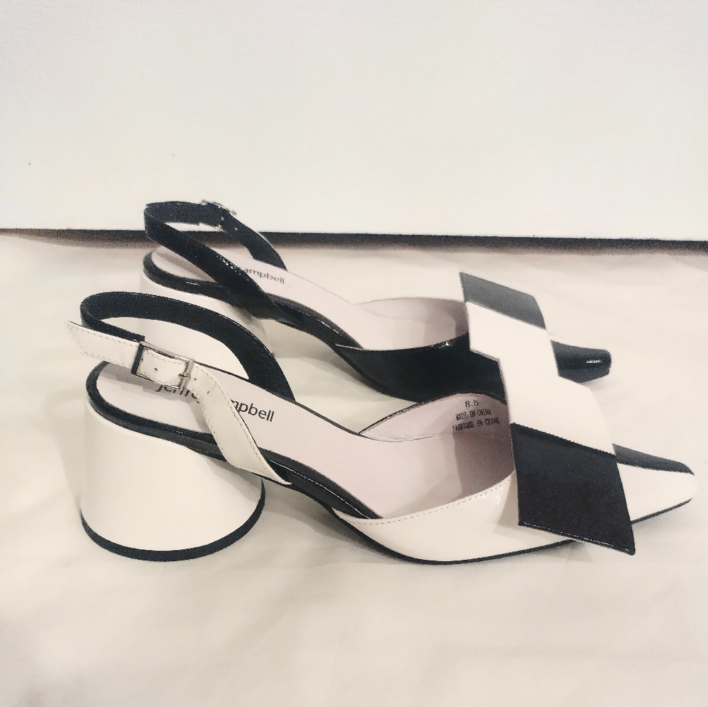 Jeffrey Campbell women's black white Kari bow patent leather shoes slingback 8.5